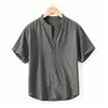 Camisa de Lino de Manga Corta para Hombre Nueva de Verano 2026, Holgada Casual con Cuello Mao, Top Transpirable de Color Sólido Algodón-Lino