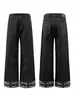Calça Jeans Wide Leg Retrô Americana com Rebites para Homens Bolso Traseiro com Rebites Metálicos Bainha Dobrada Estampa de Bandeira Nacional Calça Reta Comprida