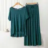 Conjunto de Pijama Casual Duas Peças Feminino de Modal com Gola Redonda e Manga Curta com Calça de Perna Larga Roupas de Casa Tamanho Plus Size Solto