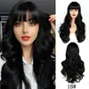 Peruca europeia e americana de cabeça inteira para mulheres, cabelo preto longo e ondulado com franja, aplique de cabeça inteira de fibra de alta temperatura