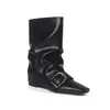 Hebilla de cinturón de comercio exterior transfronterizo, bota corta de cuero suave, puntera cuadrada para otoño e invierno, aumento interno de altura, bota corta de moda plisada negra y marrón