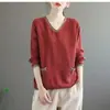 Nuevo Top Pulóver Holgado Versátil de Algodón y Lino con Mangas Largas, Cuello en V y Estampado Floral Vintage, Talla Grande, para Primavera y Otoño 2025