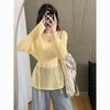 Blusa de Punto con Cordones de Malla Calada Estilo Vacacional para Mujer Verano Nuevo Diseño Adelgazante de Cintura Top de Punto a la Moda
