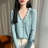 Cárdigan de punto con volantes transfronterizo para mujer, estilo francés, camiseta básica de manga larga, diseño de primavera y otoño, top adelgazante