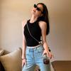 Colete Tricot Preto de Gola Alta e Redonda para Mulheres no Verão Cobrindo os Seios, Top Básico Modelador, Costas Sexy e Bonitas