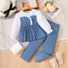 Conjunto de Dos Piezas Estilo Princesa para Niñas, Nuevo Estilo Primavera y Otoño, Mezcla de Denim y Encaje, Moda con Top de Manga Larga y Pantalones