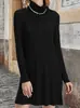 Vestido Básico Corto Nuevo Estilo Europeo y Americano para Mujer, Cuello Alto, Manga Larga, Corte Recto, Vestido con Abertura, Suministro Transfronterizo