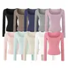 Camiseta Básica de Manga Larga para Mujer, Color Sólido, Elástica, Cuello en U Sexy, Bolsillo, Ajustada, Define la Cintura, para Otoño