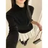 Camiseta base de punto de color liso con encaje y cuello semi-alto estilo coreano para mujer, diseño de otoño e invierno, suéter de nicho, top de manga larga