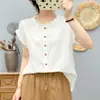 Fio de algodão lavado, camisa de manga curta para mulheres, estilo verão, design artístico e fresco, algodão macio e amigo da pele, top sem mangas