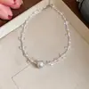 Colar Pingente Redondo Escovado com Contas de Vidro Estilo Coreano Estilo Ins Corrente de Clavícula Luxo Leve Toque de Alto Padrão Joias da Moda