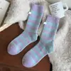 Calcetines de Lana Estilo Coreano Color Dulce Bloques de Color Etiqueta de Tela de Alta Lujo Engrosados Cálidos Simples Raya Ancha Calcetines de Moda para Mujer Otoño e Invierno