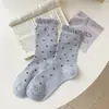 Calcetines de Malla Finos de Verano Caídos para Mujer, Largos de Ballet con Volantes Grises Estilo Nuevo con Lazo, Media Pantorrilla Serie Miu