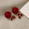 Pendientes Rojos Festivos Multiusos, Pendientes de Moda de Lujo Ligero Estilo Celebridad Nicho, Pendientes de Flor de Tres Pétalos con Diamantes y Perlas Redondas