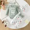 Conjunto de bebé transfronterizo europeo y americano de 26 piezas: enterizo acanalado de manga larga, pantalón floral, incluye diadema y sombrero, fresco y elegante