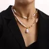 Moda Europea y Americana Cadena Sencilla con Perlas Empalmadas Collar Doble Capa para Mujer Estilo Apilado Collar de Aleación Joyería