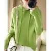 Nuevo suéter tejido, top verde de manga larga para mujer, sudadera transfronteriza, suéter con capucha para mujer, estilo otoño, con cordones, fresco y elegante, para adultos