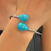 Pulsera de turquesa de estilo étnico europeo y americano, pulsera de plata ajustable con turquesa geométrica ovalada de gota de agua tallada vintage