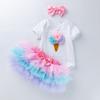 Roupa infantil atacado vestido de aniversário de bebê vestido de princesa manga curta para recém-nascido conjunto de três peças para bebê