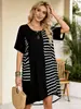 Vestido Casual de Longitud Media de Manga Corta con Cuello Redondo, Bolsillo, Diseño de Bloques de Color con Retazos Rayados, Holgado, Tallas Grandes, Cubre Vientre, Directo de Fábrica