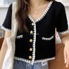 Estilo Casual Transfronteiriço Europeu e Americano Botão Cor Sólida Solto Casual Pequeno Cheiro Manga Curta Tricô Top Pg0448