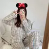 Corea Estilo Coreano ins Cuadros Pijama de Primavera y Otoño para Mujer Pantalones de Manga Larga Cárdigan Traje Lindo de Dibujos Animados Ropa de Casa Comercio Exterior
