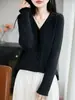 Chaqueta cárdigan de punto ligera, suministro directo del fabricante para primavera y otoño, cárdigan elegante para mujer con cuello de muñeca, cuello de encaje, morado
