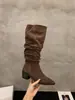 Botas de tacón alto con punta, color caqui, apiladas, para mujer, modelo nuevo 2025, primavera, otoño, invierno, tubo largo ajustado, botas de montar