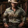 Camisa masculina de manga comprida retrô com estampa de cowboy western, streetwear outono e inverno, camisa casual e confortável de poliéster slim fit