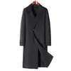 Casaco masculino longo de lã dupla face para outono e inverno, mistura de cashmere e lã de ovelha, gola de terno dupla face, peça de outer wear costurada à mão