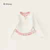 Ropa para niños Bangxuan, top para niñas, camisa de manga larga ajustada con bloques de color, camiseta infantil con volantes de color contrastante estilo coreano