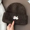Bonito Gorro de Lana Bordado de Dibujos Animados para Mujer en Otoño e Invierno Protección para las Orejas y Cálido Circunferencia de Cabeza Grande Gorro de Punto Moda Coreana Tendencia de Gorro para el Frío