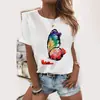 Camiseta Estampada de Cuello Redondo con Patrón de Plumas para Mujer, Colección Primavera/Verano 2025, con Estampado de Mariposa y Corazón, Atrapasueños