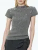 ¡Chuwo STUDIO! Top de Punto Manga Corta Cuello Medio Adornado con Perlas y Diamantes Serie Galaxia, Top de Moda Ajustado