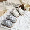 Sandalias tejidas huecas para niños 2026 Verano Sandalias de malla con cordones y lazo para niñas Sandalias de princesa Zapatos de playa