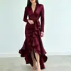Moda Europea y Americana Otoño 2026 Ropa para Mujer: Nuevo Vestido Largo Elegante, Vestido Formal de Color Sólido con Cuello en V, Corte Ajustado