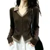 Camiseta de Manga Longa Patchwork Xadrez Falsa de Duas Peças para Mulheres, Primavera/Outono, Super Linda, Ombro Caído, Emagrecedora, Fashion, Estilosa, Top com Gola Polo