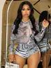 D9764 Amazon Moda Femenina Popular Europea y Americana Sexy Malla Estampada Flores Manga Larga Pantalones Cortos Traje