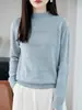 Coleção Outono/Inverno 2026: Suéter de Tricô Feminino de Manga Longa com Bainha Dobrada e Gola Semi-Alta, Camisa Base Lisa Vazada