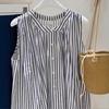 Estilo Artístico Vintage Rayas Verticales Blancas y Negras Sin Mangas Algodón Lino Chaleco Camisa Mujer Nuevo Verano Camisa Estilo Vacaciones Top