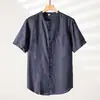 Nueva camisa de lino de tres colores para hombre, ligera, absorbente de humedad y transpirable, corte holgado, cuello redondo, manga corta 12885