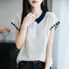 Camiseta de manga corta para mujer, estilo francés, con bloques de color y rayas, cuello polo de seda helada, verano 2026, corte holgado, adelgazante, versátil, con pequeñas mangas acampanadas