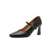 Versión de Piel de Vaca~Zapatos Mary Jane de Tacón Grueso con Punta Cuadrada Francesa 2026 Nuevo Estilo Retro Correa Única Tacones Altos Bajos