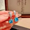 Brincos Quadrados Pequenos Paraíba Estilo Francês de Luxo Leve, Presilhas de Orelha Cubo de Açúcar, Colar com Pingente Azul Oceano, Anel Quadrado Grande Vermelho Rosa para Mulheres