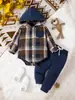 Suministro al por mayor para diversas plataformas de comercio exterior y transfronterizo: conjunto de mameluco a cuadros con capucha para niños para otoño e invierno y pantalones largos casuales