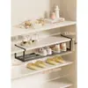 Armário de Sapatos Prateleira em Camadas Suporte de Sapatos Doméstico Sem Furos Economizador de Espaço Prateleira de Armazenamento Suspensa Rack de Sapatos Retrátil Preto Branco