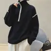 Suéter de Tricô Estilo Europeu Feminino Outono e Inverno Novo Estilo Zíper Gola Alta Listrado Suéter Feminino Quente Pulôver Top Tendência