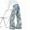 Jeans lavados con estampado de estrellas estilo americano para hombre, pantalones casuales de diseño de calle para otoño, pantalones de trabajo de nicho de corte holgado