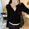 Camiseta de Manga Larga con Cremallera de Dos Piezas Falsas de Color en Contraste Estilo Coreano para Mujer Otoño e Invierno 2024 Nuevo Top Base Interior Plisado de Corte Slim