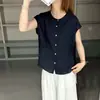 Camisa de Tencel Estilo Coreano para Mulheres, Novo Estilo de Verão, Gola Redonda Solta com Botões, Emagrecedor, Versátil, Rejuvenescedor, Top de Alta Qualidade, Elegante